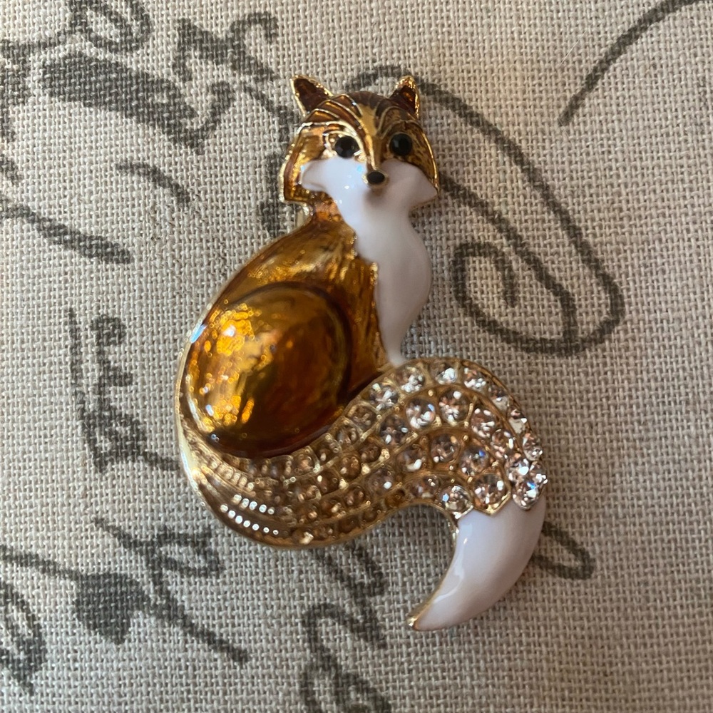 Vintage Gold and White Fox Brooch with Crystals